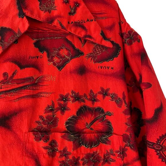 Ui Maiki Vintage 60s Red Hawaiian Islands Map Hibiscus Flower Button Down Shirt - Picture 4 of 7